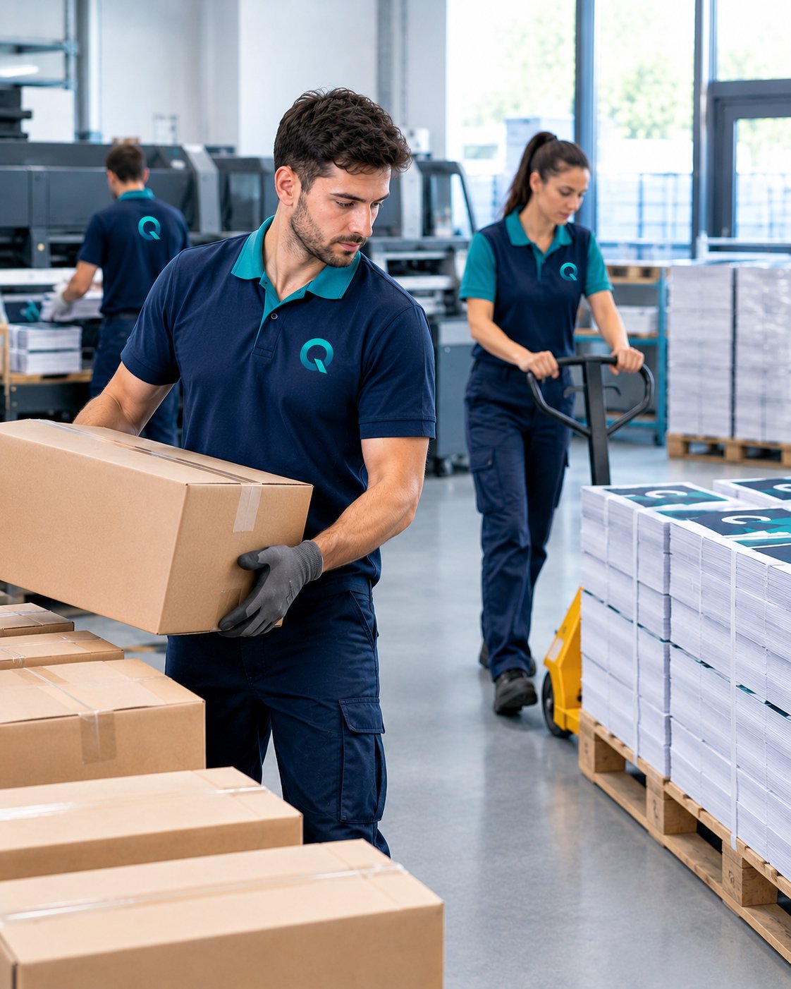 operai operatrici movimentazione scatole stampati carta confezionamento spedizione