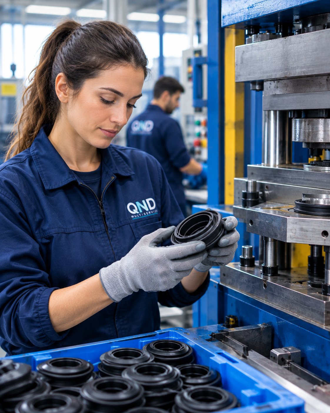 Operai al lavoro nello stampaggio industriale di componenti plastici