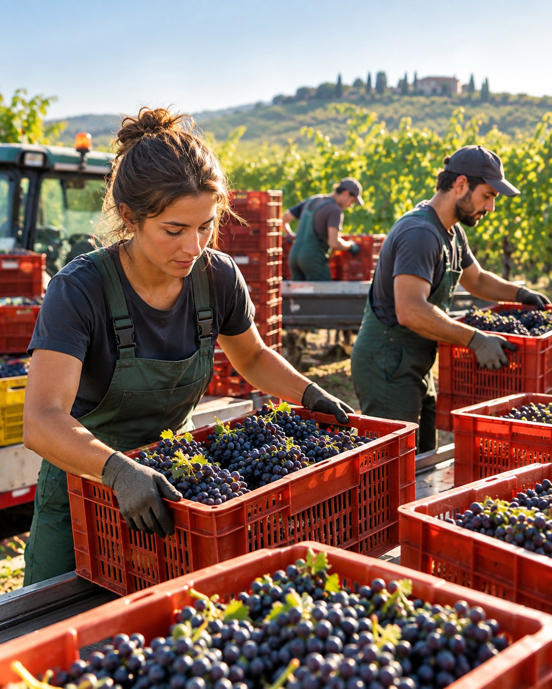 operai agricoli per movimentazione uva e cassette durante la vendemmia